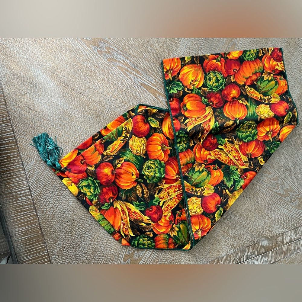 Fall Pumpkin TAPESTRY  TABLE RUNNER  78” X 15” Green Tassels